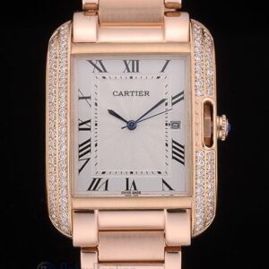 Cartier replica tank americaine rose gold white dial brillantini bezel orologio imitazione perfetta