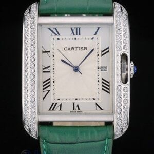 Cartier replica tank americaine acciaio brillantini bezel strip leather green orologio imitazione perfetta